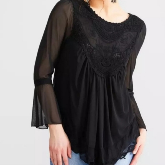 Cato • Women's Black Sheer Crochet Lace Bell Sleeve Peasant Blouse - Picture 2 of 16